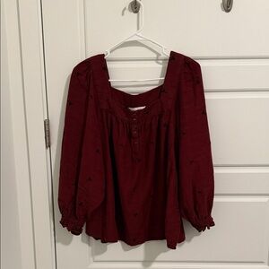 LC Lauren Conrad Burgundy Blouse with Embroidered Accents